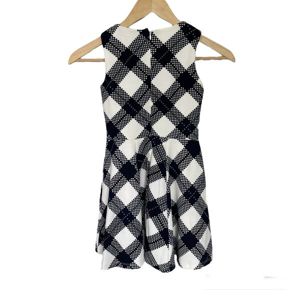 GB Girls 7 Navy Blue White Plaid Lined Fit & Flare Dress Cut Out Detail Twins - Picture 2 of 3